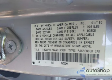 2010 Honda Accord 3.5 Ex from USA, damaged, VIN 1HGCP3F71AA012380